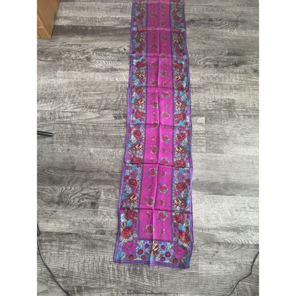Vintage Liz Claiborne 100% Silk Scarf Purple Flowers Floral Vibrant Rectangle - Picture 8 of 11